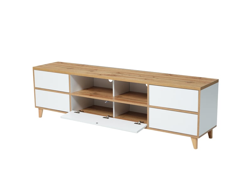  Meuble tv blanc et bois 175 cm style campagne avec 4 portes  - Conforama A