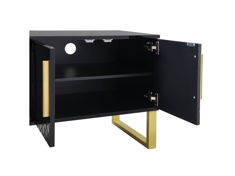  Meuble tv noir brillant 170 cm avec 4 portes et tiroirs, meuble tv noir et or en mdf laqué pour écran 60-69 pouces, design luxe  - Conforama W