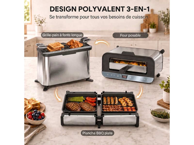  Mini-four électrique 3-en-1 1700 w, grille-pain à fente longue, gril de table 4,9l, écran led, minuterie 60 min, argenté  - Conforama D