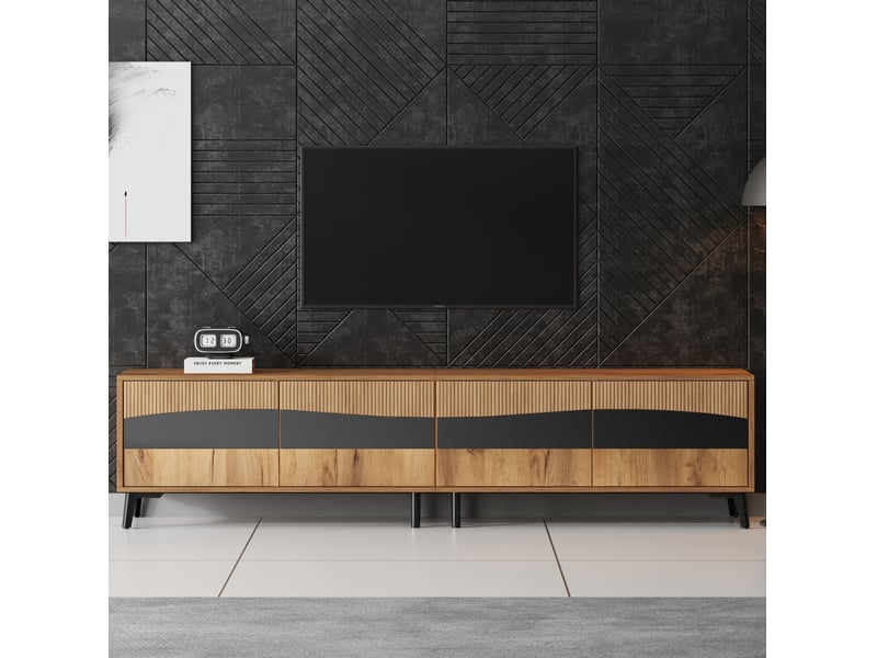  Lowboard tv 180 x 40 x 50 cm – bois naturel et noir – 4 portes, grand rangement pour téléviseur 75 pouces  - Conforama B