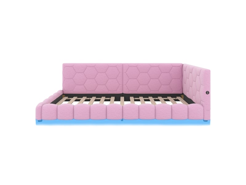  Canapé-lit 90 × 200 cm, lit avec sommier à lattes, éclairage d'ambiance à 16 couleurs, port usb-c, tissu imitation peluche, rose  - Conforama R