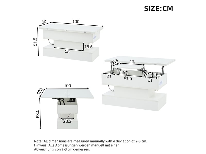  Table basse relevable - 100x50x51,5cm - 3 en 1 prises intégrées, éclairage led rgb app, coffre caché - blanc mat  - Conforama E