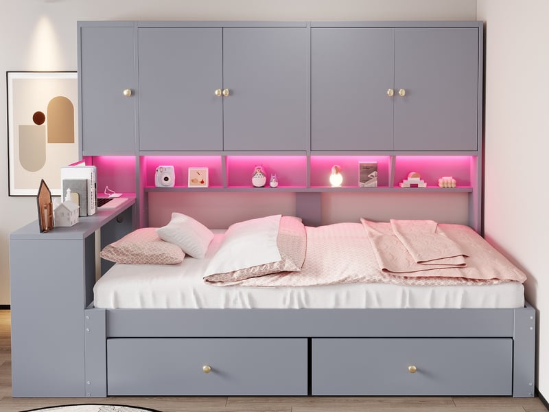  Lit enfant en bois, 90 x 200 cm, avec bureau intégré, plusieurs placards et tiroirs, éclairage led et prises électriques, gris  - Conforama B
