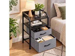 Table de chevet 40x30x70 cm deux tiroirs tissu etagere ouverte gris fonce et noir
