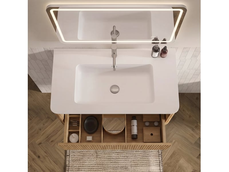 Armoire de salle de bain avec meuble sous vasque, colonne et miroir led anti-buée, pour salle de bain - Conforama E