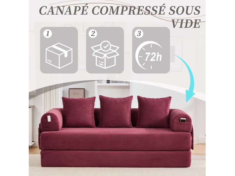  Canapé convertible 200x94x67 cm avec accoudoirs, poche latérale et 3 coussins, structure en métal, velours, rouge vin  - Conforama E
