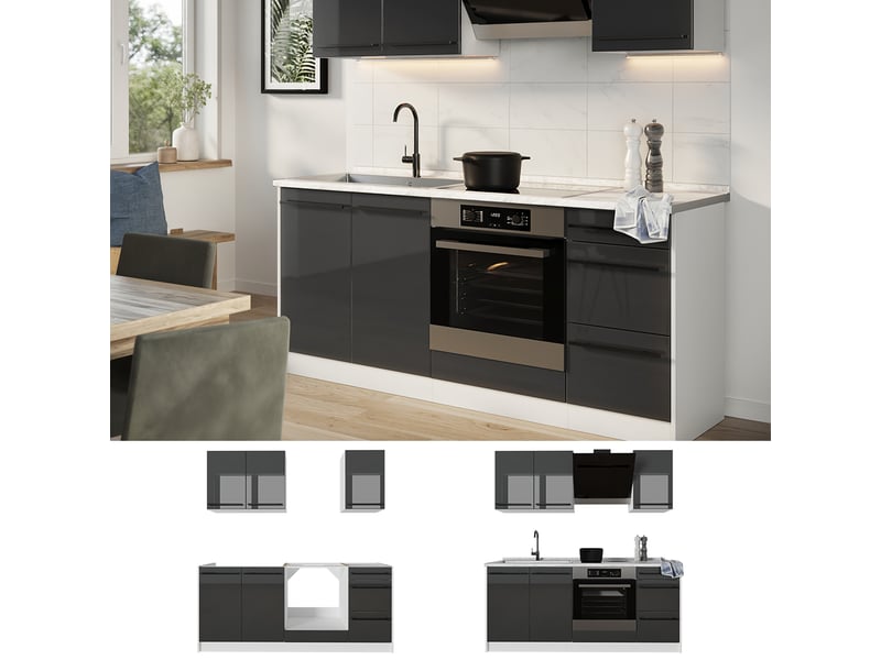  Vicco cuisine, anthracite haute brillanceblanc, 180cm plan de travail anthracite  - Conforama D