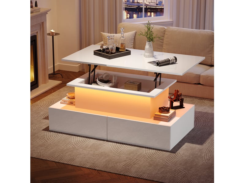  Table basse blanche brillante avec led, plateau relevable et 4 tiroirs, 90 x 55 x 41 cm  - Conforama D