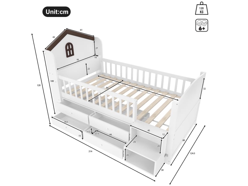  Lit surélevé forme maison avec 4 tiroirs, led et escalier rangement, blanc, 90x200 cm  - Conforama C