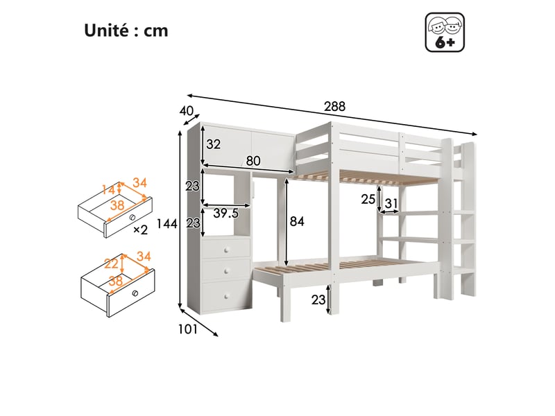  Lit superposé 90x200 cm – lit enfant avec rangement intégré, tiroirs et étagères, mdf – sans matelas – blanc  - Conforama C