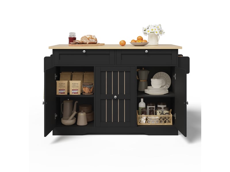  Îlot de cuisine mobile avec plateau pliant, desserte à roulettes verrouillables, tiroirs et rangement, noir, 120x70x92cm  - Conforama A