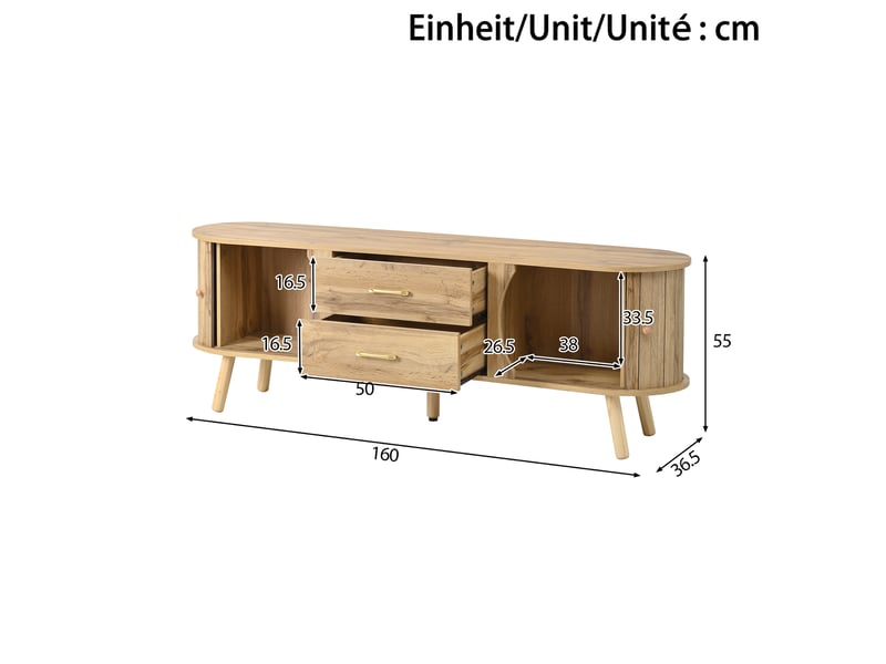 Meuble tv 160x36,5x55 cm, 2 portes coulissantes et 2 tiroirs, armoire de rangement, pieds bois, mdf, couleur naturel  - Conforama C