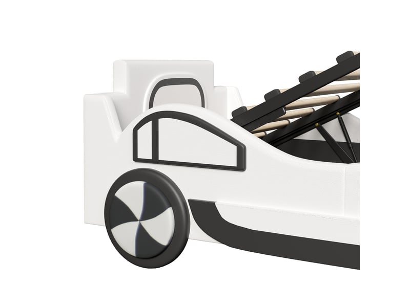  Lit enfant voiture 90x200 cm blanc avec sommier à lattes, rangement hydraulique et montage requis, sans matelas  - Conforama D
