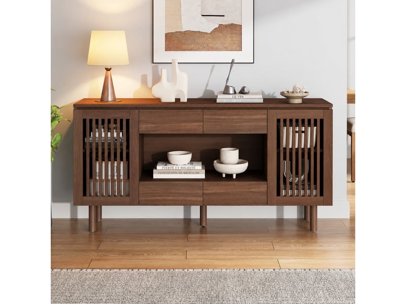 Buffet salon couleur noyer, meuble de rangement 140 cm avec 4 tiroirs et 2 portes à lattes - Conforama C