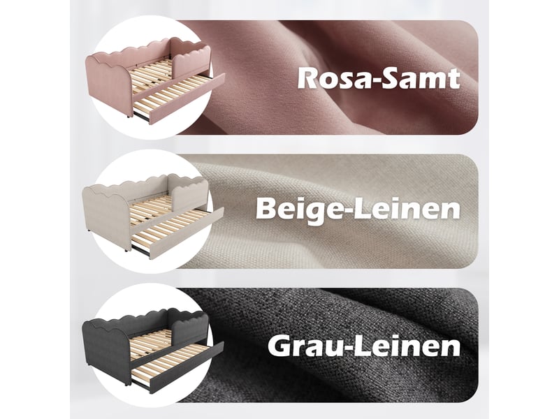  Canape lit rembourré 90x190 cm avec lit gigogne, lit enfant avec sommier à lattes, cadre de lit 1 personne, beige, lin  - Conforama E