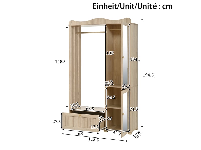  Armoire dressing 115,5 l x38,5 b x 194,5 h(cm) en mdf avec miroir et tiroir coloris chêne chicfurn  - Conforama C