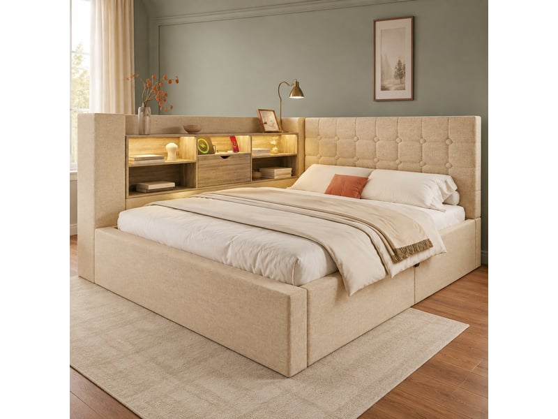  Lit coffre 140 x 190 cm beige avec tête de lit en l, led et ports de charge  - Conforama D