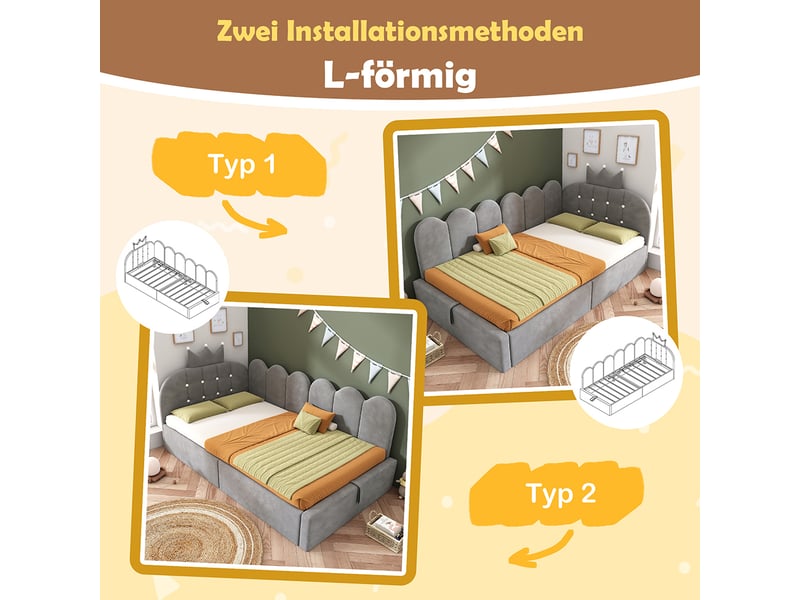  Lit simple rembourré 90 x 190 cm, canapé-lit avec hydraulique rangement, lit enfant avec couronne, sommier à lattes, velours gris  - Conforama B