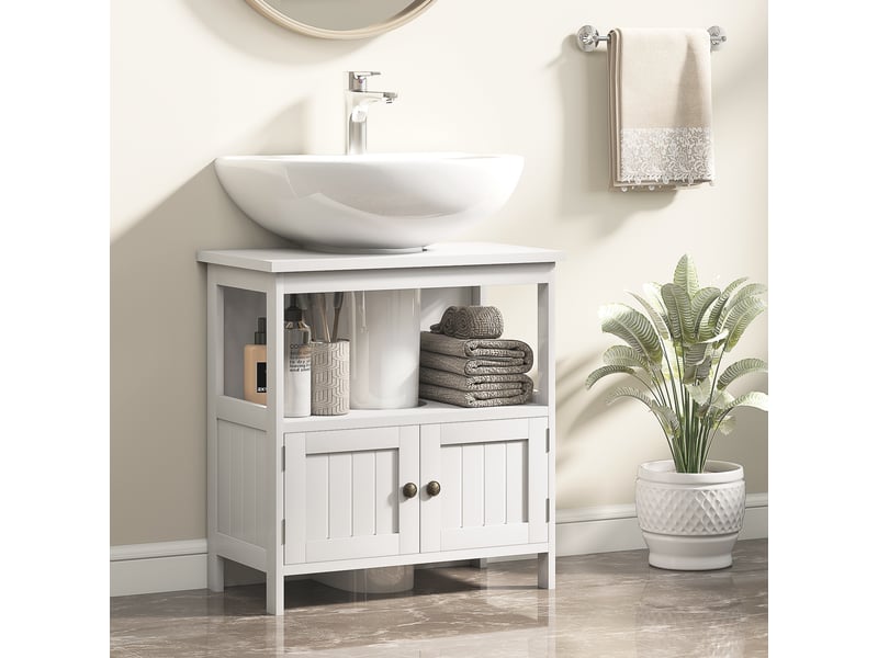  Meuble sous-évier avec 2 portes et étagère ouverte, meuble sous-évier indépendant, 60 x 30 x 60 cm, blanc  - Conforama C