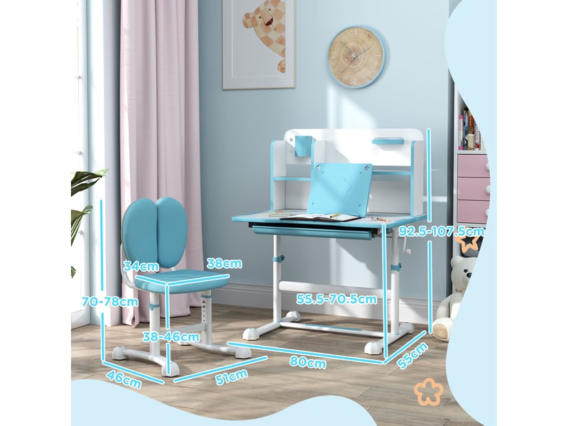  Set bureau et chaise enfant réglables bleu, plateau inclinable 80 x 55 cm  - Conforama E