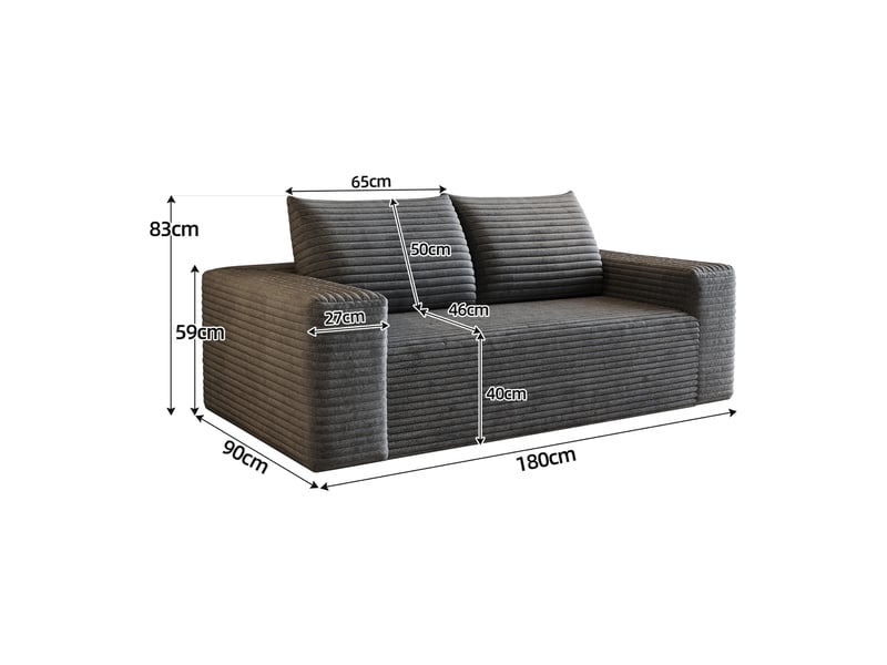 Canapé droit 2 places 180 cm en velours côtelé, assise profonde, mousse haute élasticité, sans montage, gris foncé IKSETERA TRADING LTD - Conforama C