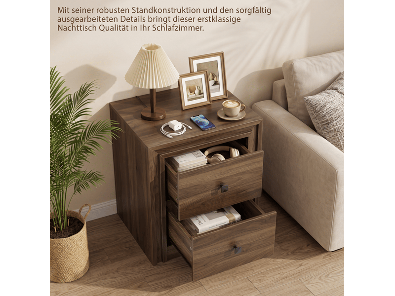  Chevet 2 tiroirs 46x39x53,5 cm, cadre design, poignées métal noir, mdf et panneaux de particules, brun café  - Conforama E