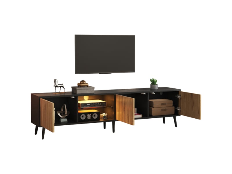  Meuble tv led 175 x 31 x 43,5 cm - bois naturel et noir, 3 portes, 6 pieds, verre trempé, adapté pour écran 75 pouces  - Conforama D