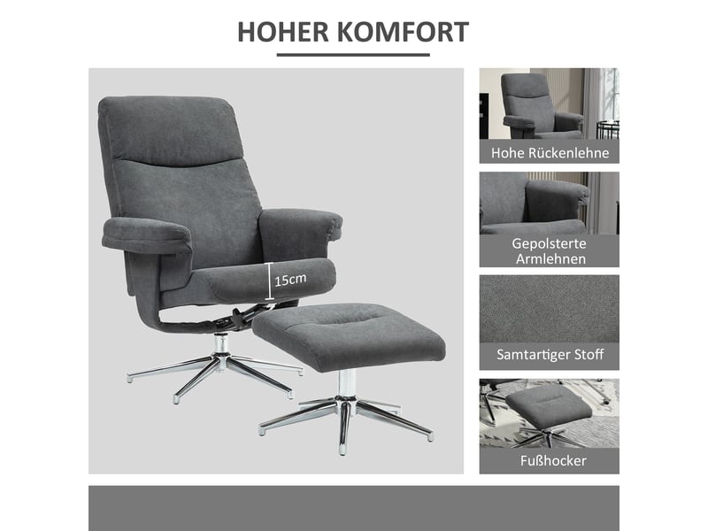 Fauteuil relax avec repose-pieds gris foncé effet velours, dossier inclinable à 130 degrés, assise rembourrée pour le salon - Conforama D