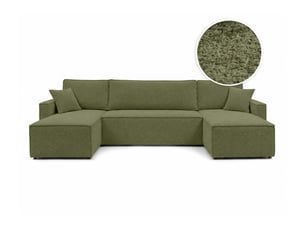 Canapé d'angle panoramique convertible LOUNGITUDE FARAH 6 places Tissu bouclette Vert kaki