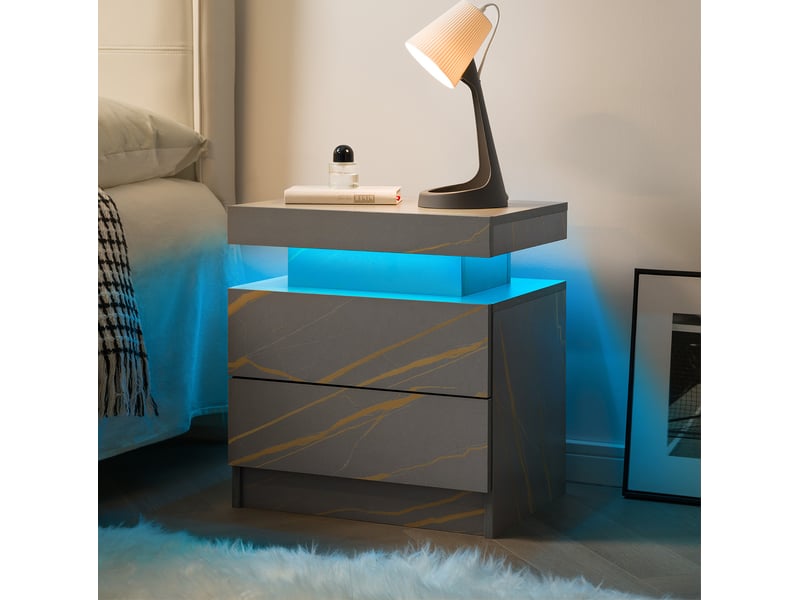 Table de chevet led moderne – 2 tiroirs, gris et doré – 50 x 53 x 36 cm  - Conforama B