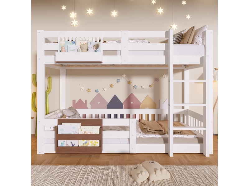  Lit superposé 90 x 200 cm avec rangements latéraux, barrières de sécurité et échelle, pin, mdf et métal blanc  - Conforama D
