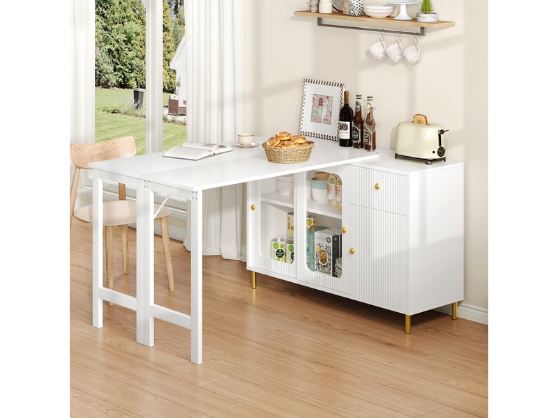  Buffet blanc 120x45x85 cm – plateau extensible et pivotant, portes coulissantes en verre, pieds en métal doré  - Conforama D