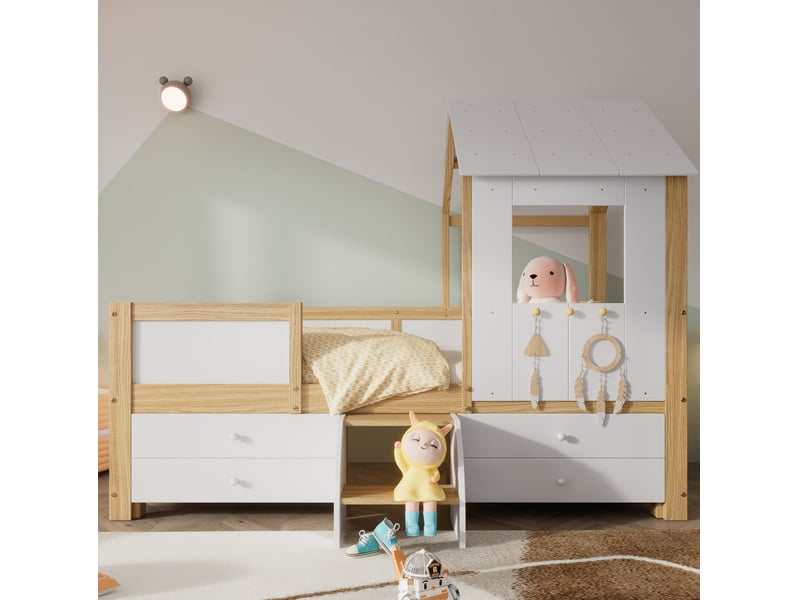  Lit enfant mi-hauteur 90x200 cm maison avec toit, 4 tiroirs et escalier, blanc naturel  - Conforama D