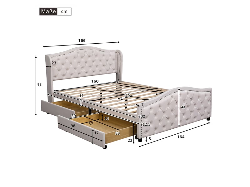  Lit double 160x200 cm avec sommier, 2 tiroirs sur roulettes et tête de lit blanche  - Conforama C