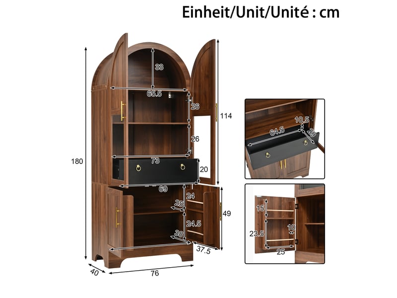  Buffet 76x40x180 cm, forme arquée, éclairage led, 4 portes et 1 tiroir, mdf et panneau de particules, aspect noyer brun  - Conforama C