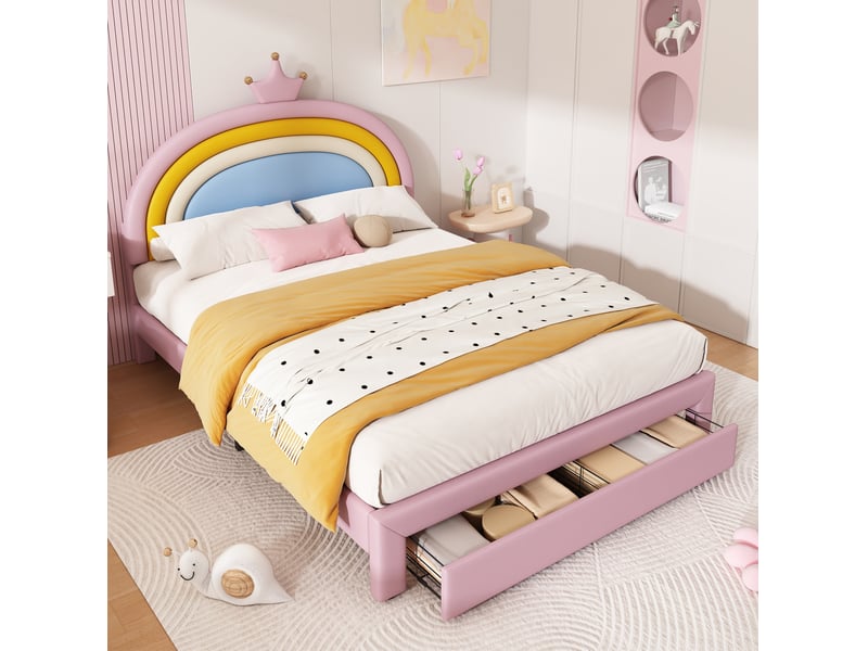  Lit enfant 140x200 cm rose avec tête de lit réglable et tiroir en pied de lit  - Conforama C