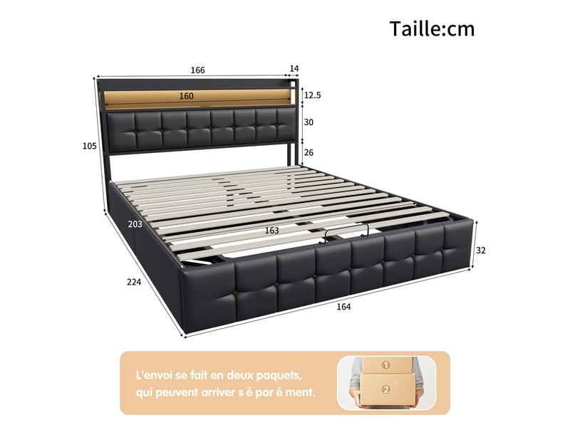  Lit double rembourré 160 x 200 cm avec éclairage led et ports usb, lit hydraulique avec espace de rangement et sommier à lattes, lit pour adolescent, pu, noir 231225HGY0102#ADGFCHWkTeDELLM - Conforama E
