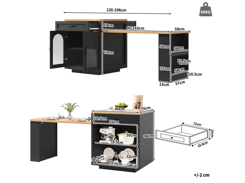  Desserte de cuisine extensible avec 2 tiroirs 2 portes en verre rainuré et led pour cuisine et salle à manger en mdf noir  - Conforama E