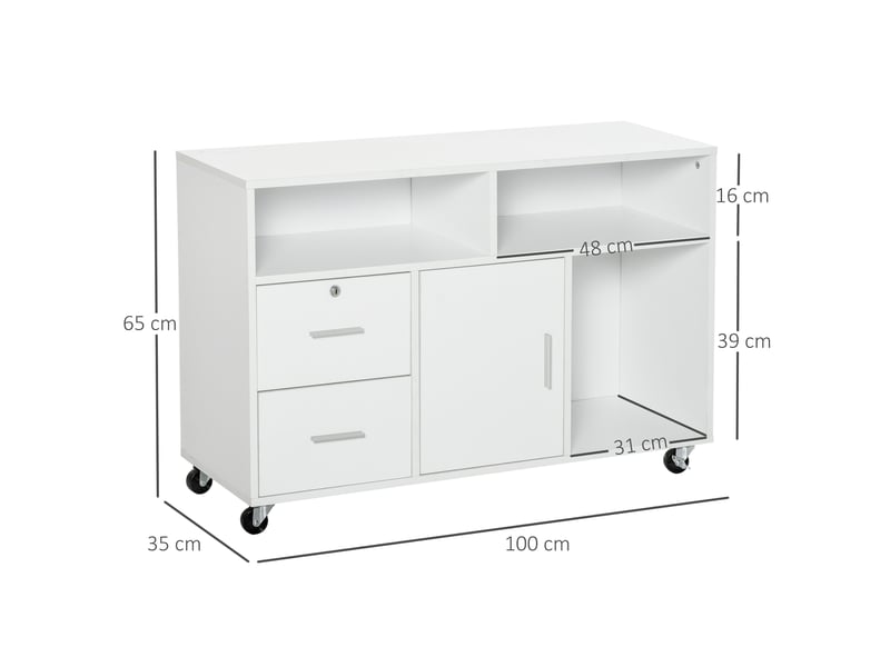  Support d'imprimante à 2 tiroirs meuble de rangement sur roulettes étagères ouvertes et placard, 100 x 35 x 65 cm, blanc  - Conforama C