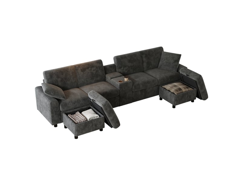 Canapé en u 4 places en velours côtelé gris, 315×135×81 cm, 2 poufs avec rangement, table d'appoint, ports usb et prises - Conforama A