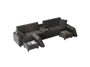 Canapé d'angle panoramique convertible <strong>SAPGAKS</strong> <strong></strong> 4 places Velours côtelé gris avec coffre de rangement