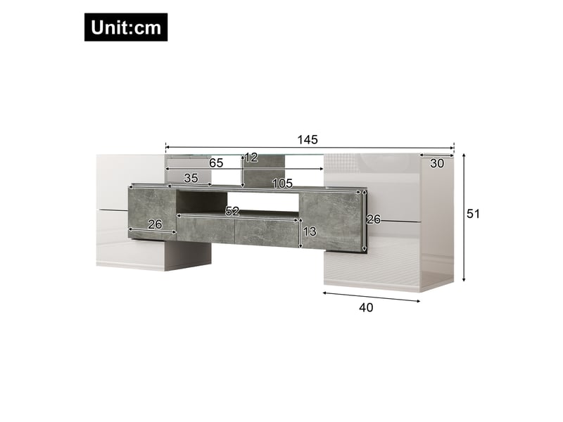  Meuble tv 145 cm blanc brillant effet béton, led, 6 portes et 2 tiroirs  - Conforama C