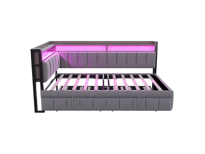  Lit banquette enfant 90x200 cm gris foncé velours, lit gigogne avec led, rangements et ports de charge usb type-c  - Conforama E