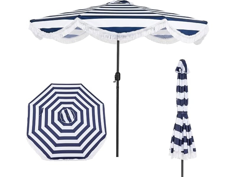  Parasol de jardin exterieur sans pied ø2,7m, parasol plage à volants avec franges, 30° inclinaison, 8 baleines, manivelle, tissu en polyester  - Conforama A
