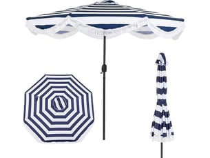 Parasol de jardin exterieur sans pied ø2,7m, parasol plage à volants avec franges, 30° inclinaison, 8 baleines, manivelle, tissu en polyester