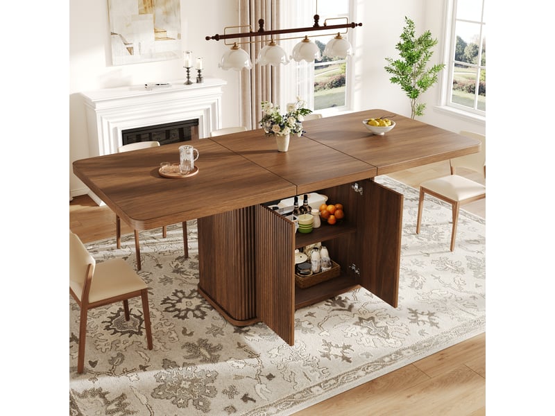  Table à manger extensible 140180 cm pour 6-8 personnes, avec rangement caché intégré, plateau rabattable, pied design rainuré vertical, effet bois noyer - marron  - Conforama C