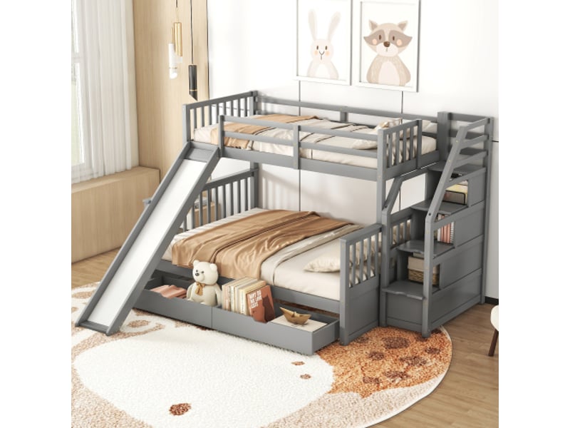Lit superposé 90140x200 cm avec 2 tiroirs, niches de rangement et toboggan, pin et mdf, gris - Conforama B