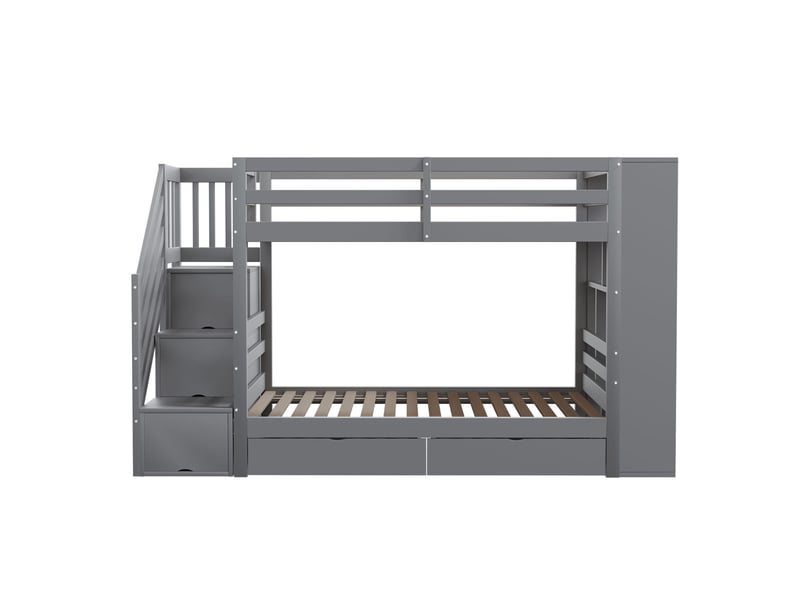  Lit superposé enfant 90x200 cm – gris – escalier sécurisé, 2 tiroirs et rangements – sans matelas  - Conforama E