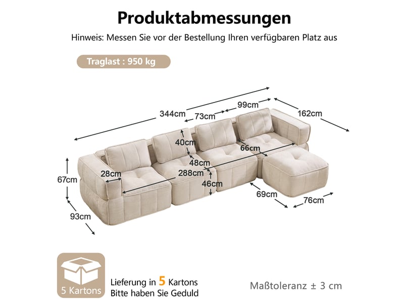 Canapé modulable, canapé 4 places, en tissu, beige, avec pouf, pour salon, mobilier pour espace de vie, adapté à l'espace de vie - Conforama D