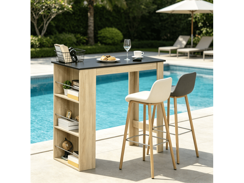 Table de salle à manger haute avec 3 étagères ouvertes, style contemporain, en panneau de particules, noir et chêne - Conforama D